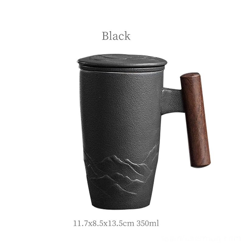solid black ceramic tea infuser mug with wood handle and removable infuser