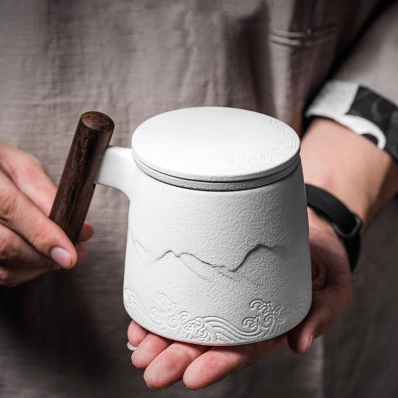 Solid white ceramic tea infuser mug with matching lid and filter