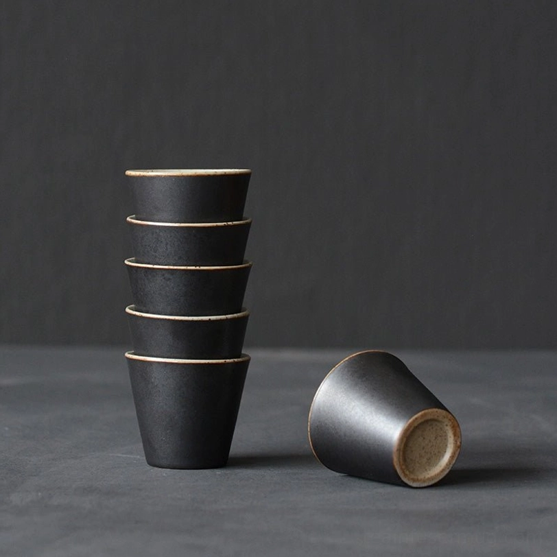 stacked set of 6 matte black japanese tea cups 70ml