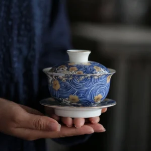 full starry sky blue ceramic gaiwan tea set with matching accessories