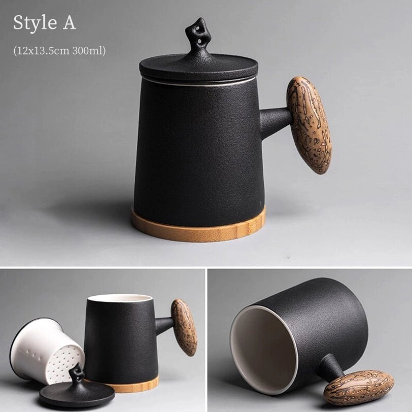 style a black tea infuser mug with wood-textured handle and ceramic filter