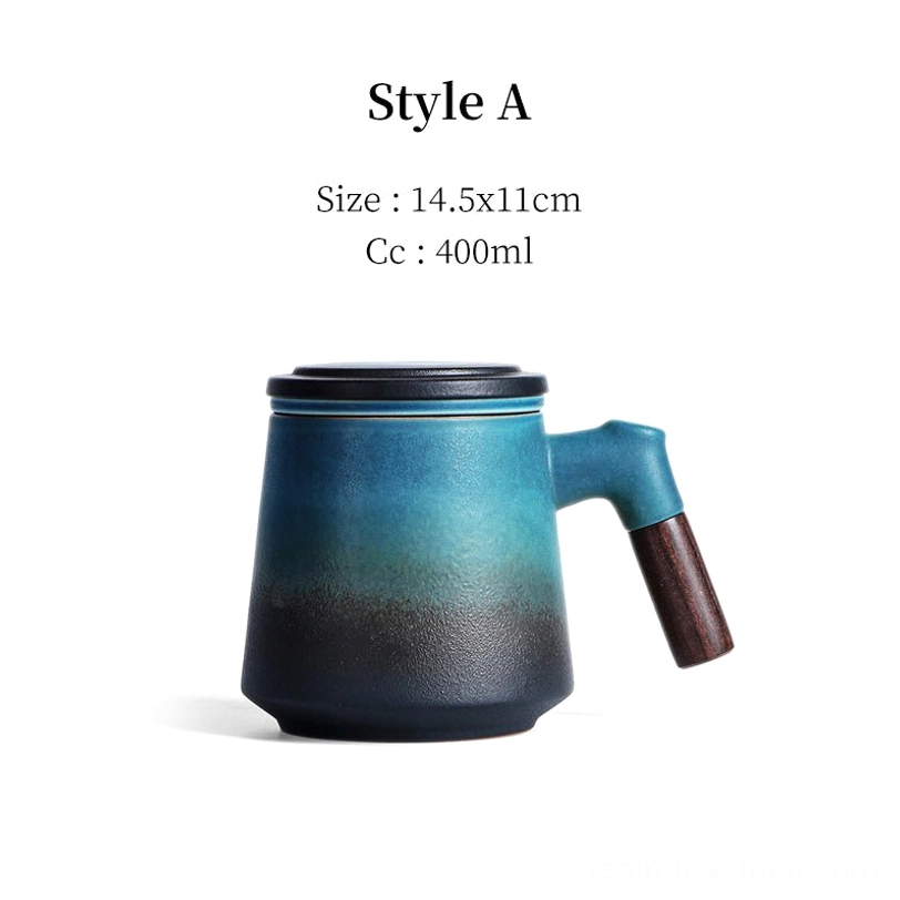 style A blue-black gradient matte ceramic tea infuser mug with wood handle