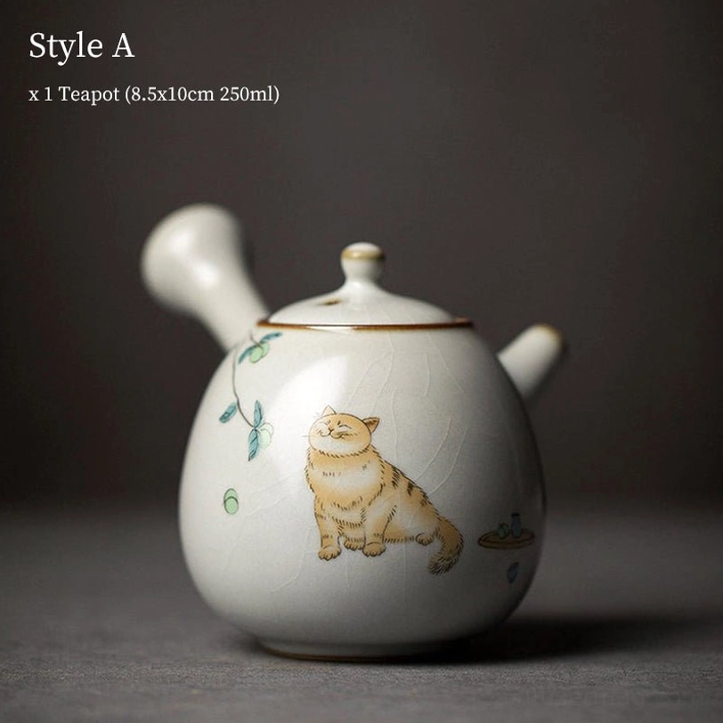 style A cat design 250ml ceramic kyusu teapot with infuser