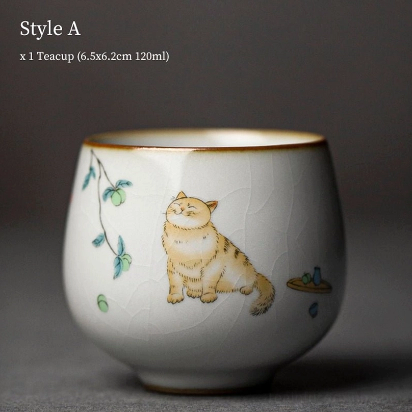 close up of pattern on style a cat motif chinese ceramic tea cup