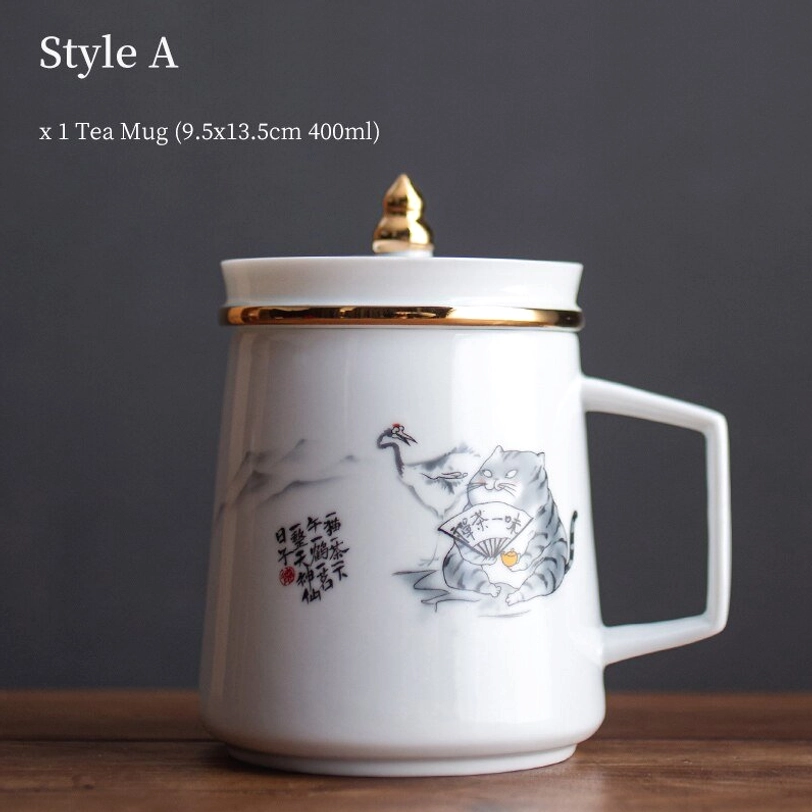 style A cute cat pattern ceramic tea infuser mug with gold trim