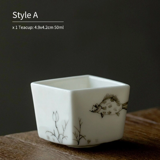 Style A 50ml square Chinese tea cup with fish and lotus ink wash pattern