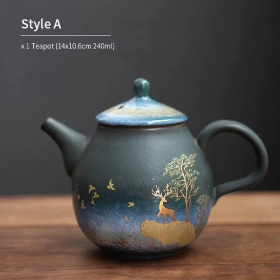 style a golden deer starry sky ceramic teapot with infuser side view