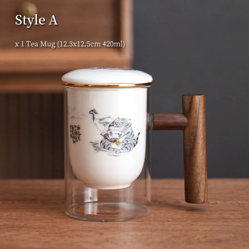 style a lucky cat pattern ceramic lid glass tea infuser mug
