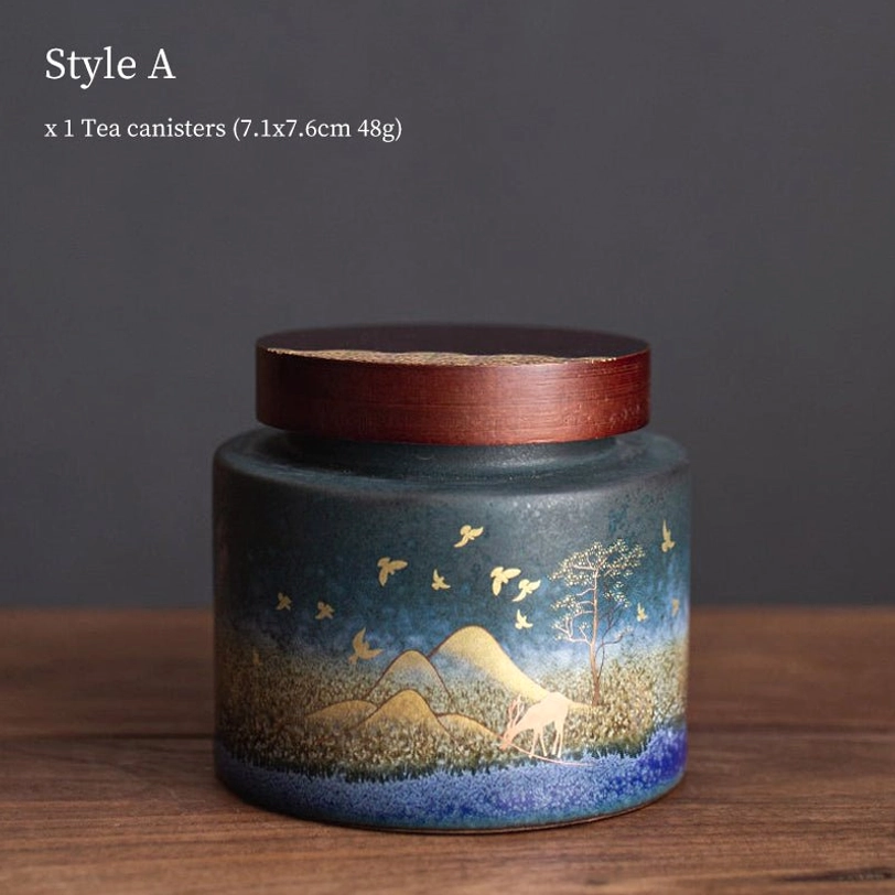 style A round ceramic tea storage canister with deer and mountain pattern