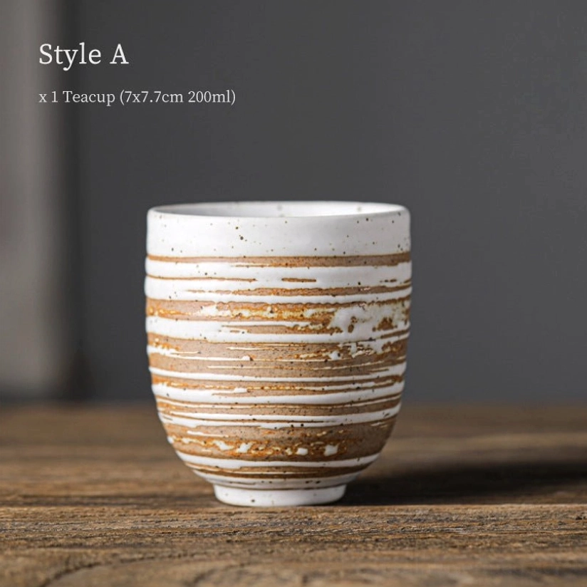style A speckled beige vintage Chinese clay tea cup side view