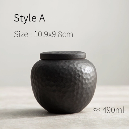 Style A wide black hammered ceramic airtight tea storage canister