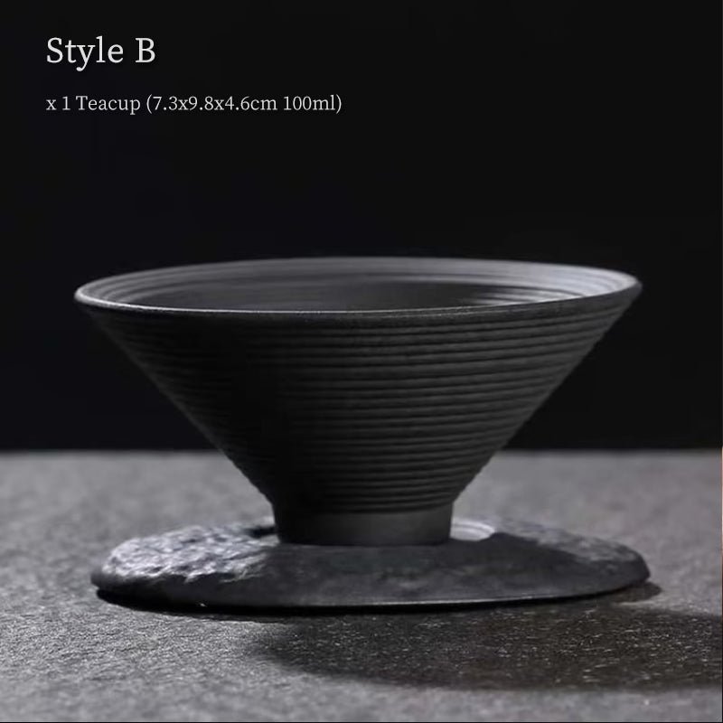 Style B 100ml textured wide-brim black clay tea bowl profile view