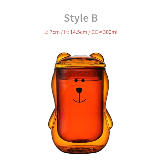 Style B warm amber 3D bear glass tea infuser mug 10oz with lid