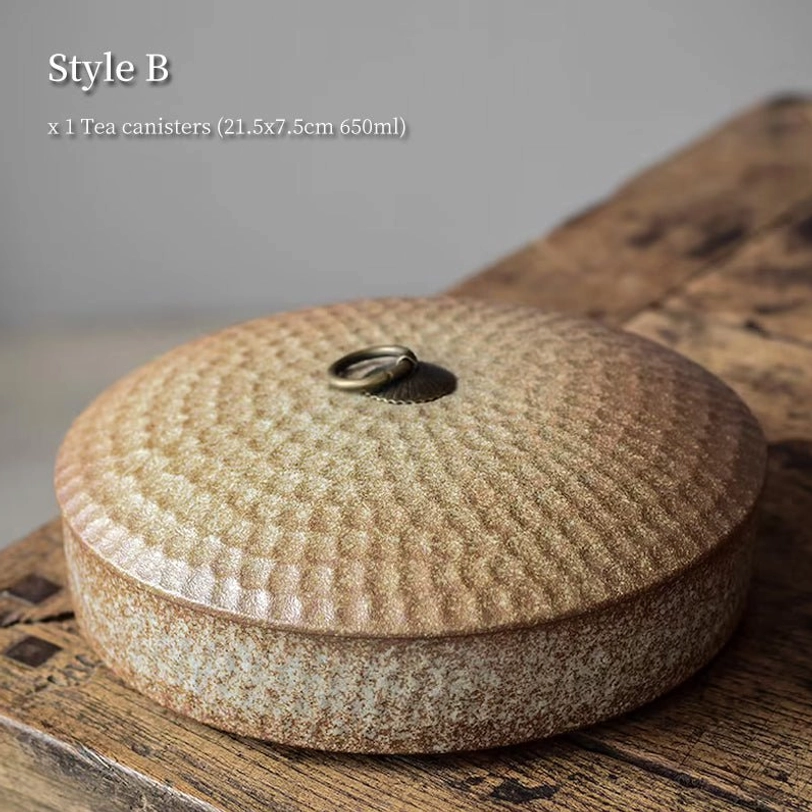 Style B beige textured ceramic tea storage canister with Puerh tea