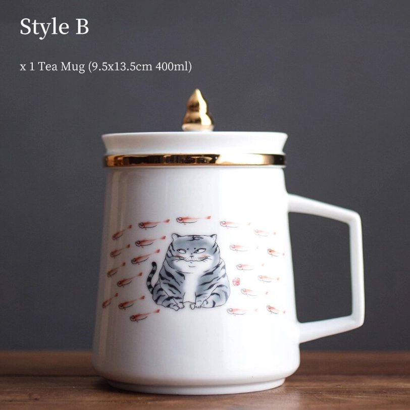 style B cat with fish pattern ceramic tea infuser mug