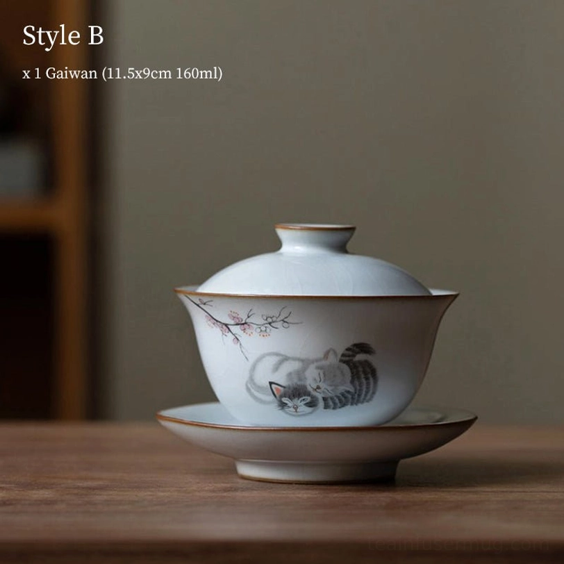 style b cat and plant pattern 160ml vintage gaiwan tea cup