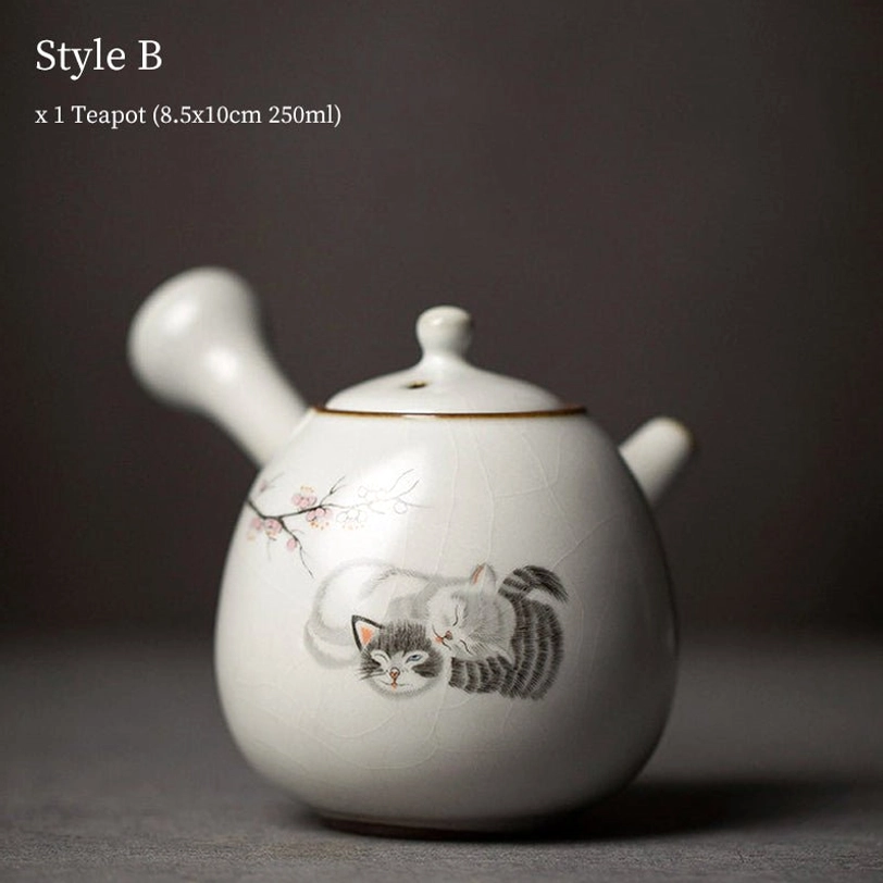 style B cat design 250ml ceramic kyusu teapot with side handle