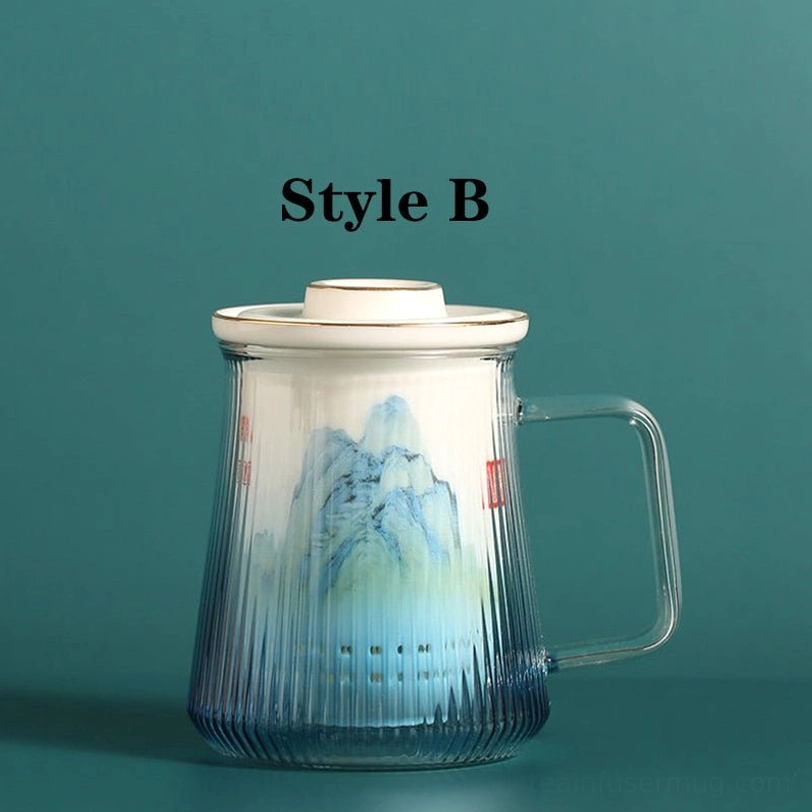 style b traditional chinese landscape pattern glass tea infuser mug with ceramic infuser