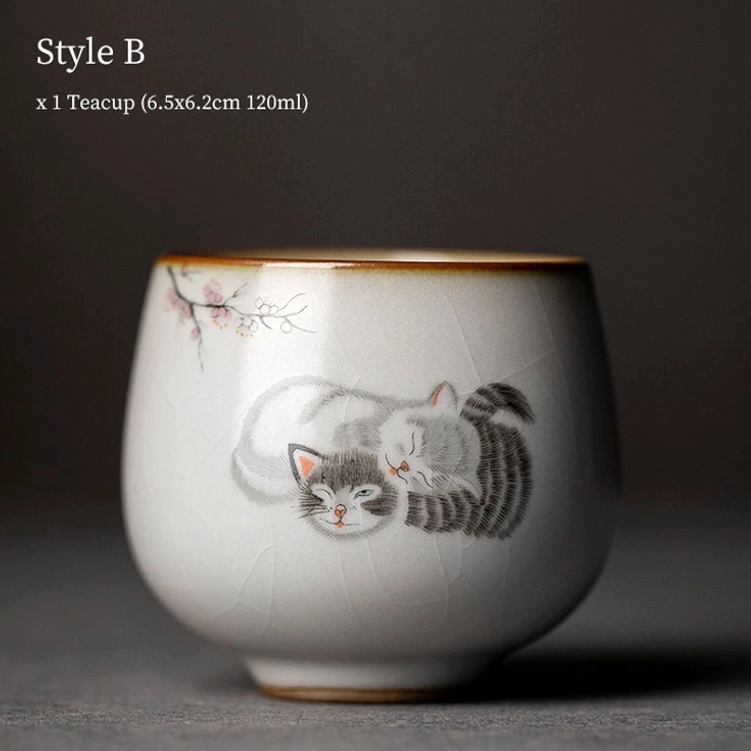 style b cat motif chinese ceramic tea cup showing crackle glaze texture