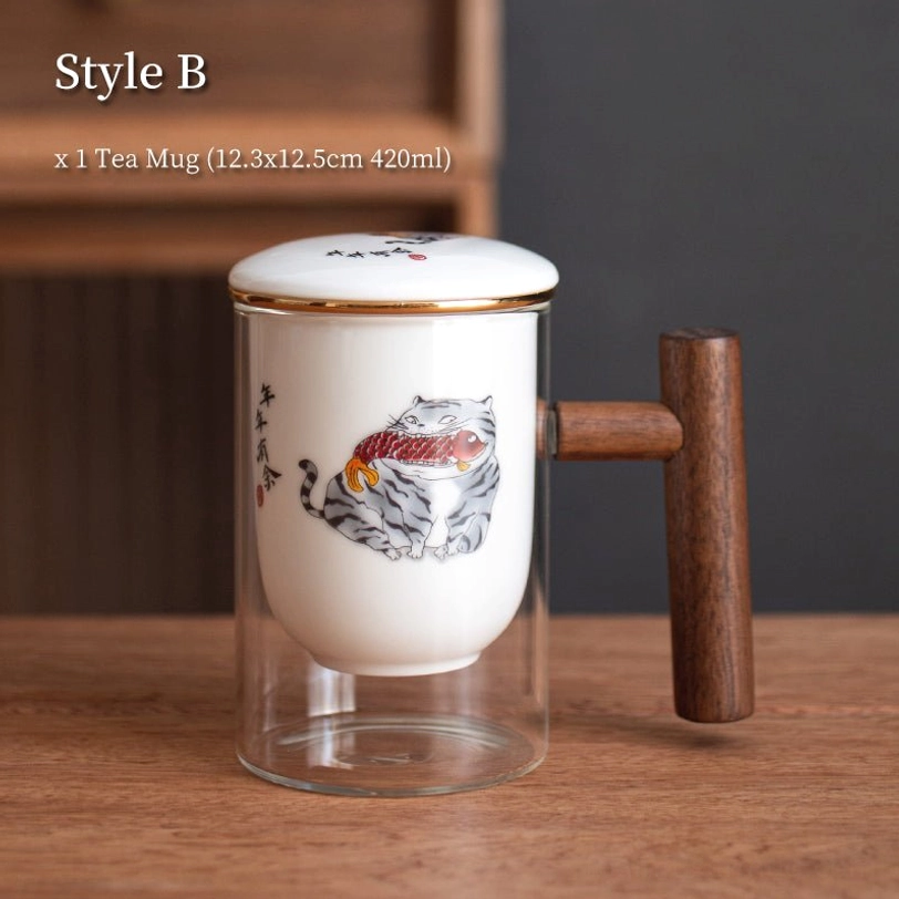 style b crane pattern ceramic lid glass tea infuser mug