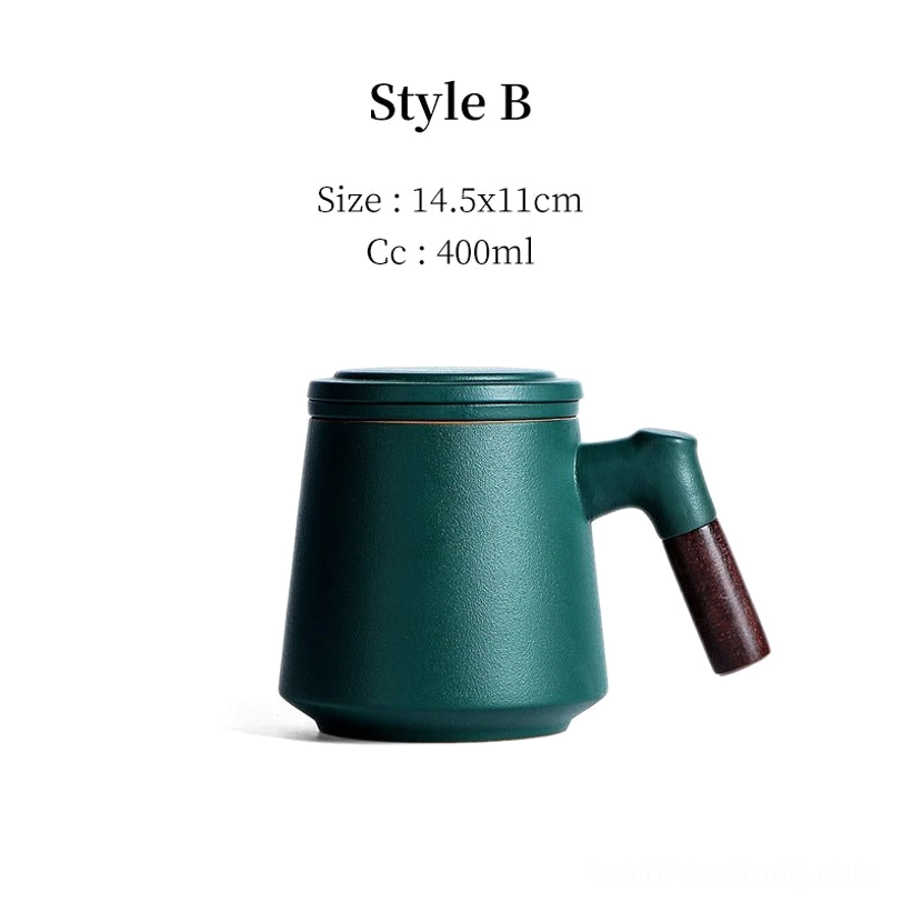 style B deep green solid matte ceramic tea infuser mug with wood handle