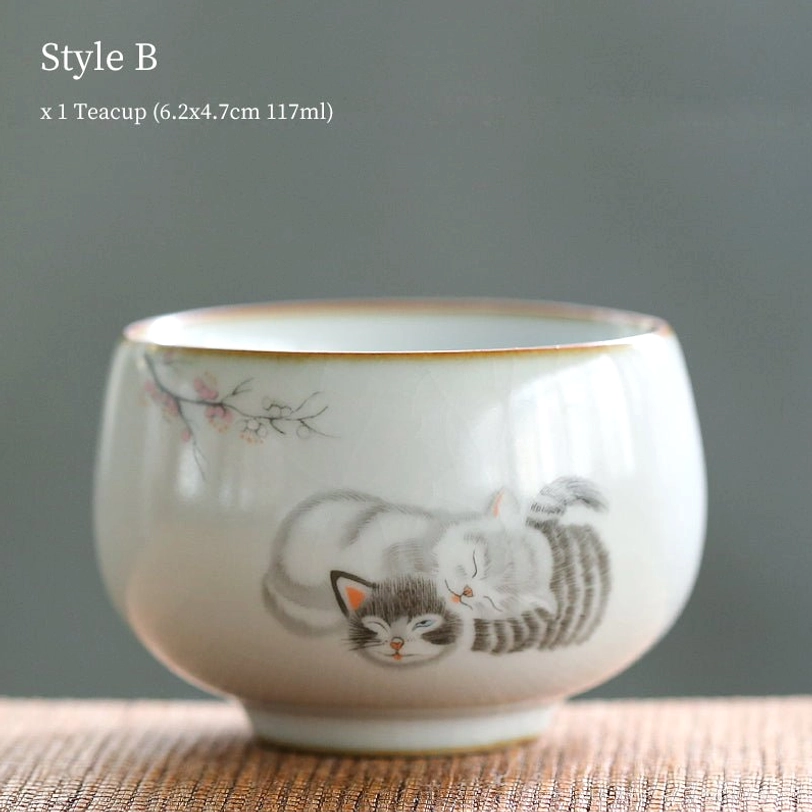 style b double cat design cracked glaze ceramic chinese tea cup
