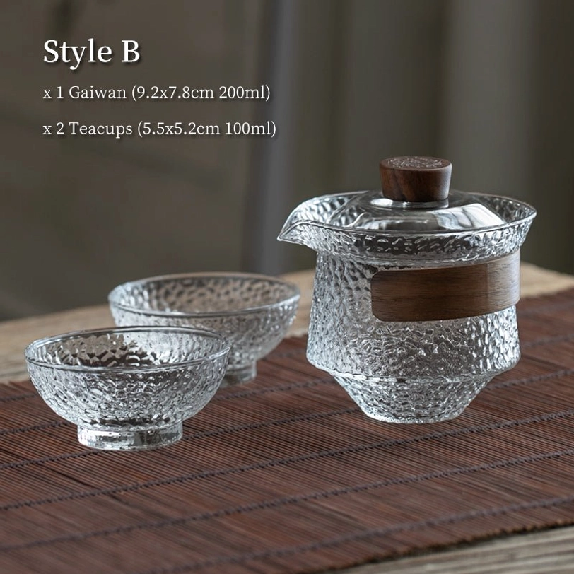 Style B glass gaiwan set with two matching glass teacups