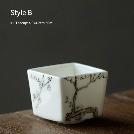 Style B 50ml square Chinese tea cup with plum blossom ink wash pattern