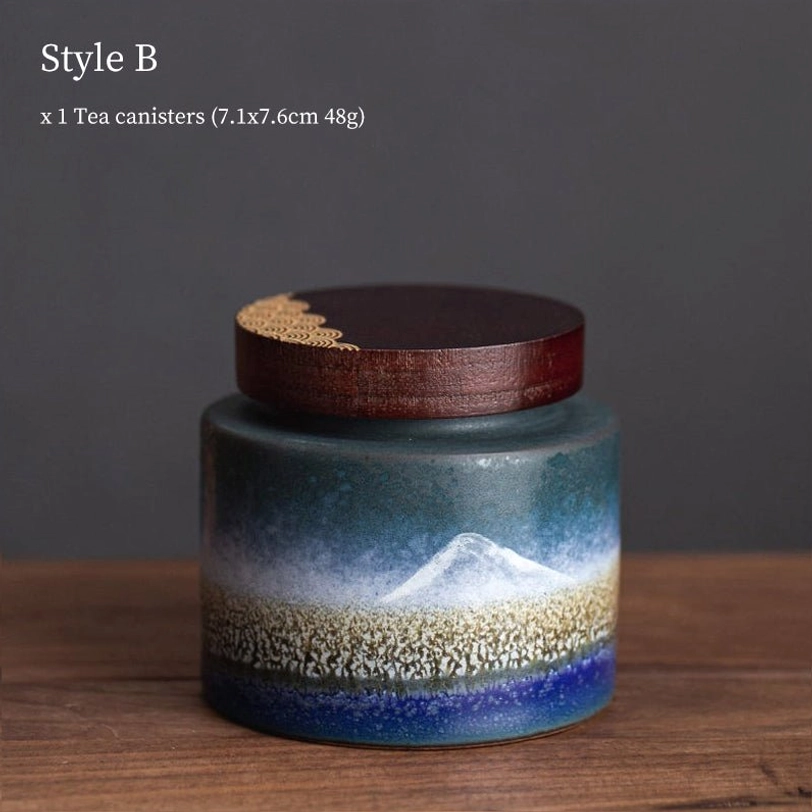 style B round ceramic tea storage canister with bird and tree pattern