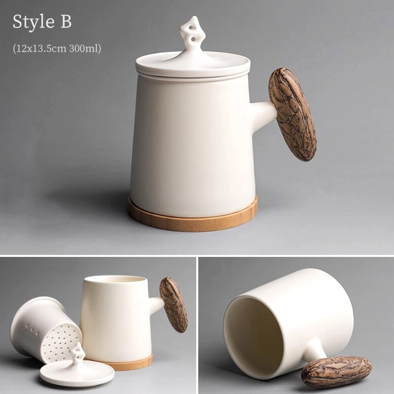 style b white tea infuser mug with wood texture handle and bamboo base