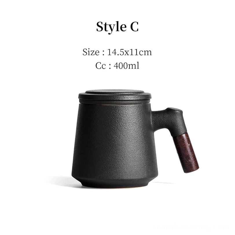 style C black solid matte ceramic tea infuser mug with infuser and lid