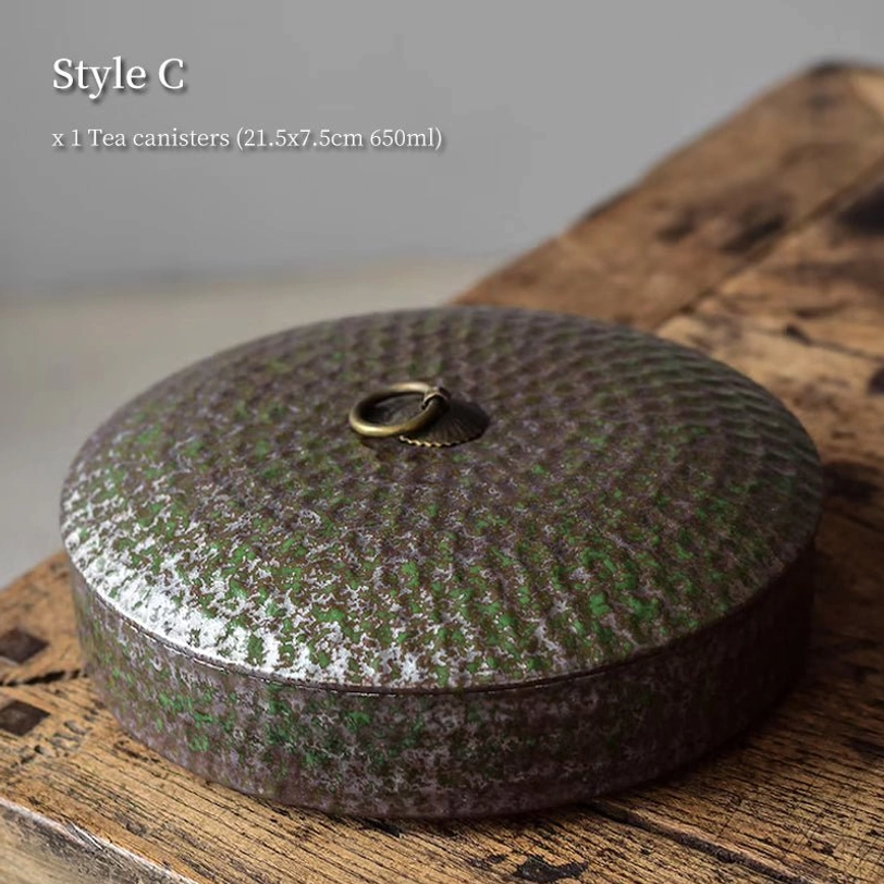 Style C green-brown textured ceramic tea storage canister