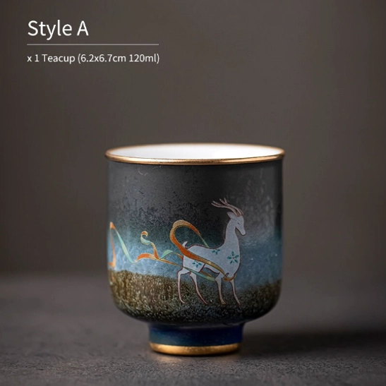 close up of festive panda and orange motif on style C red chinese tea cup