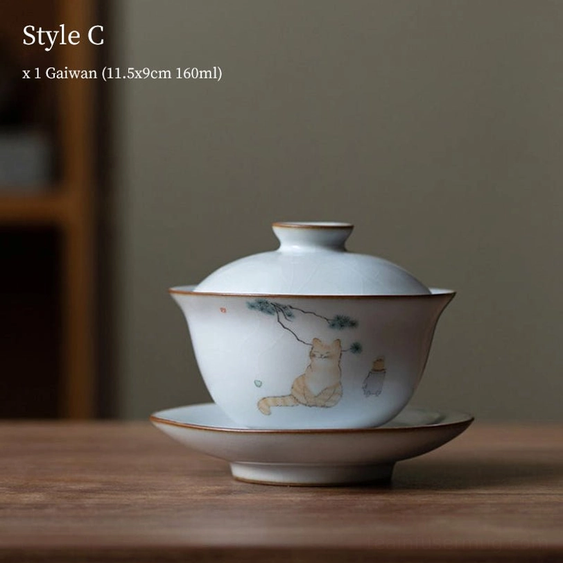 style c playful cat pattern ceramic gaiwan for loose tea