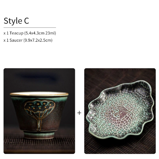 style C red ceramic lotus tea cup with golden relief saucer