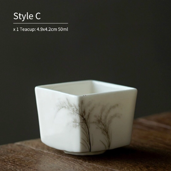 Style C 50ml square Chinese tea cup with reed ink wash pattern