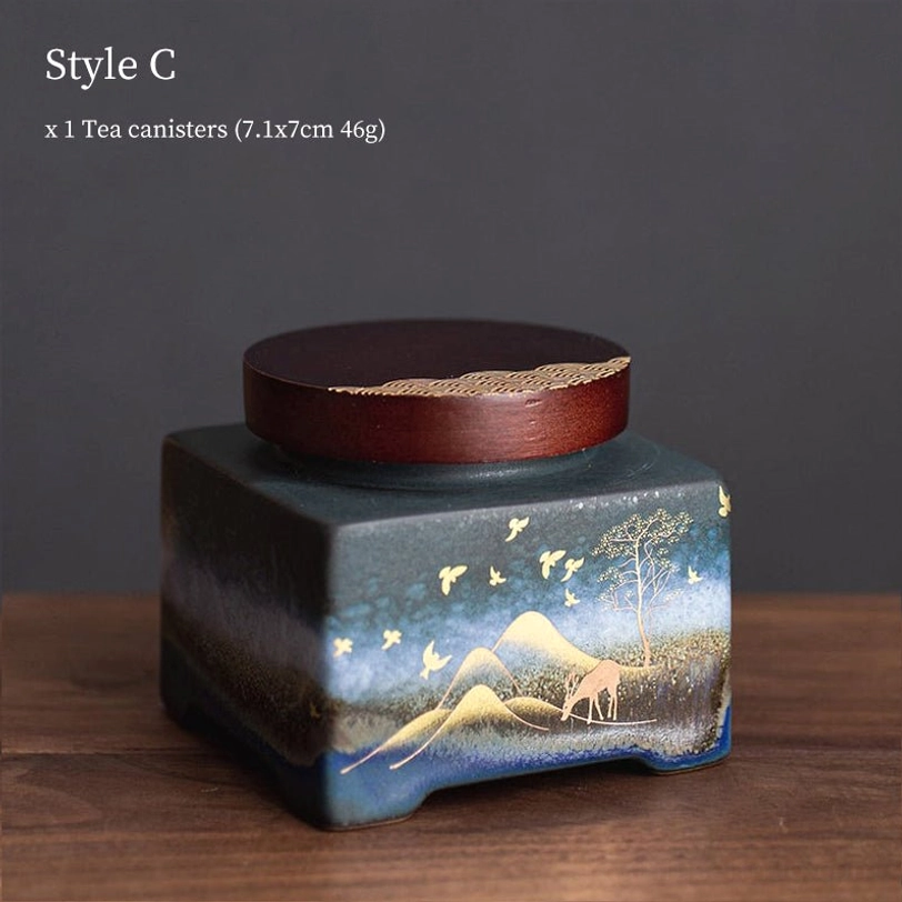 style C square ceramic tea storage canister with mountain landscape pattern