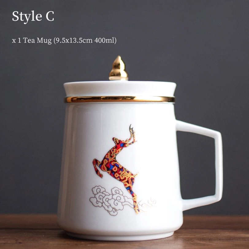 style C traditional auspicious deer pattern ceramic tea infuser mug