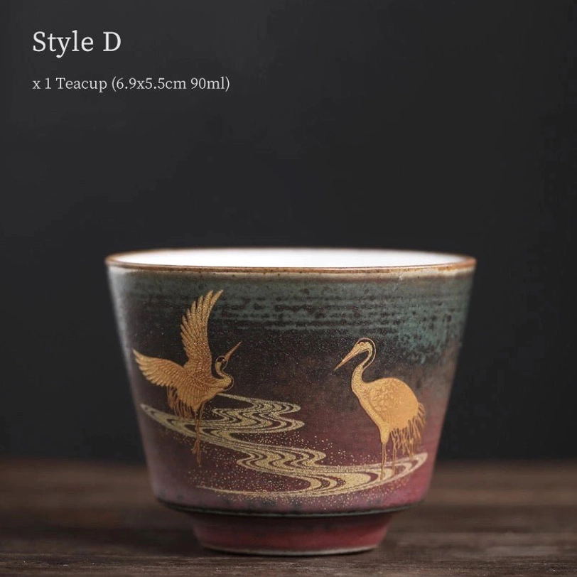 style d double gold cranes with water pattern chinese tea cup