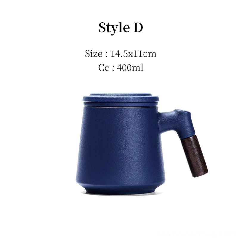 style D navy blue solid matte ceramic tea infuser mug with wood handle
