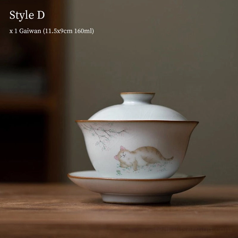 style d sleeping cat pattern 160ml traditional gaiwan tea cup