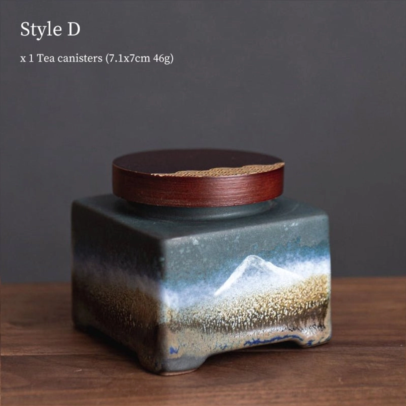 style D square ceramic tea storage canister with snow mountain scenic pattern