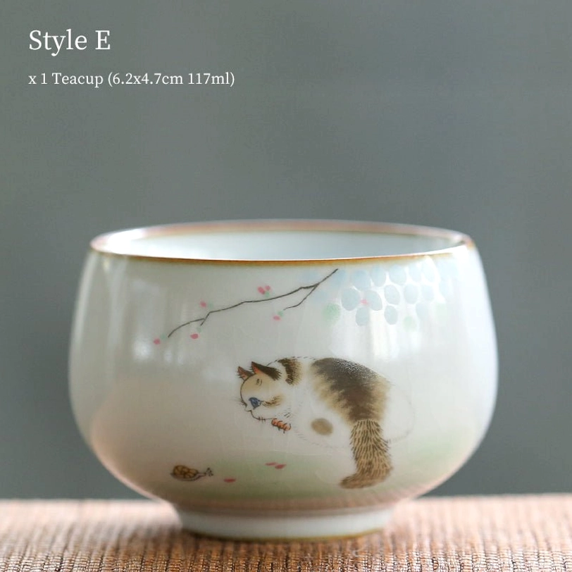 style e cat with small fish motif 115ml chinese tea cup