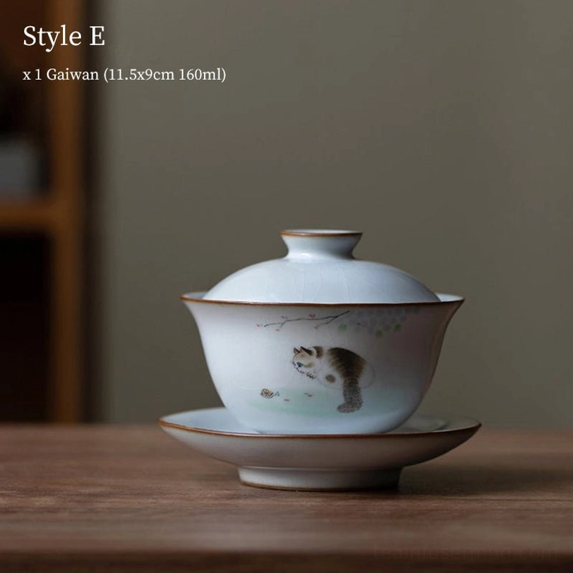 style e cat with flower pattern vintage ceramic gaiwan tea set