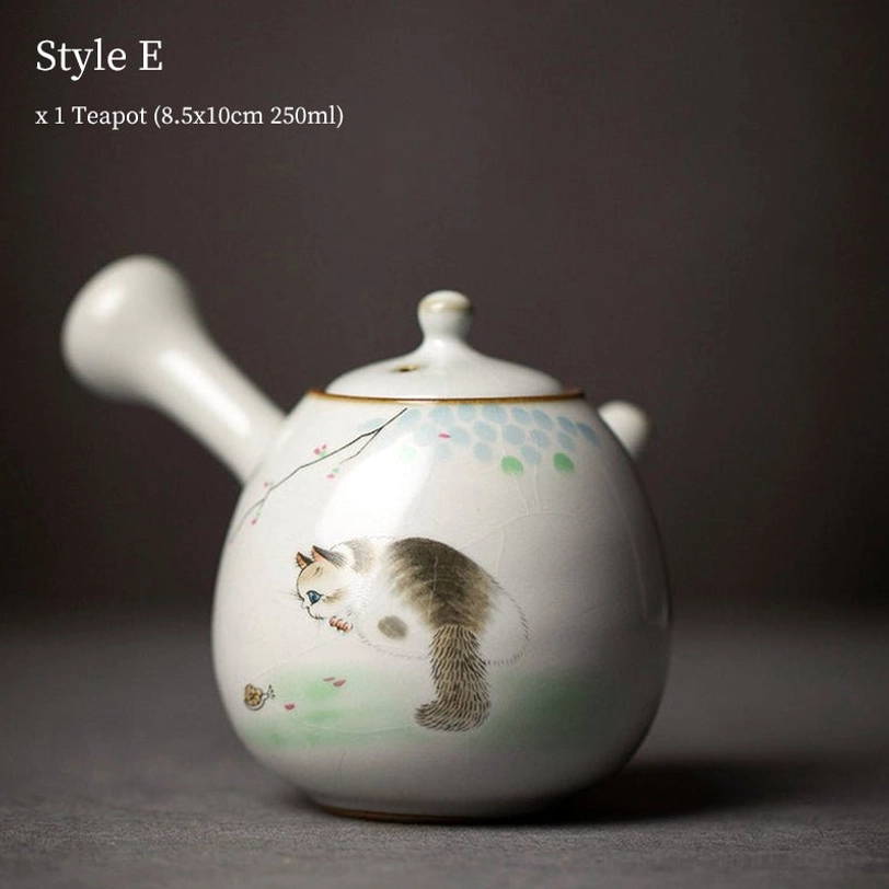 style E cat pattern 250ml side handle kyusu teapot