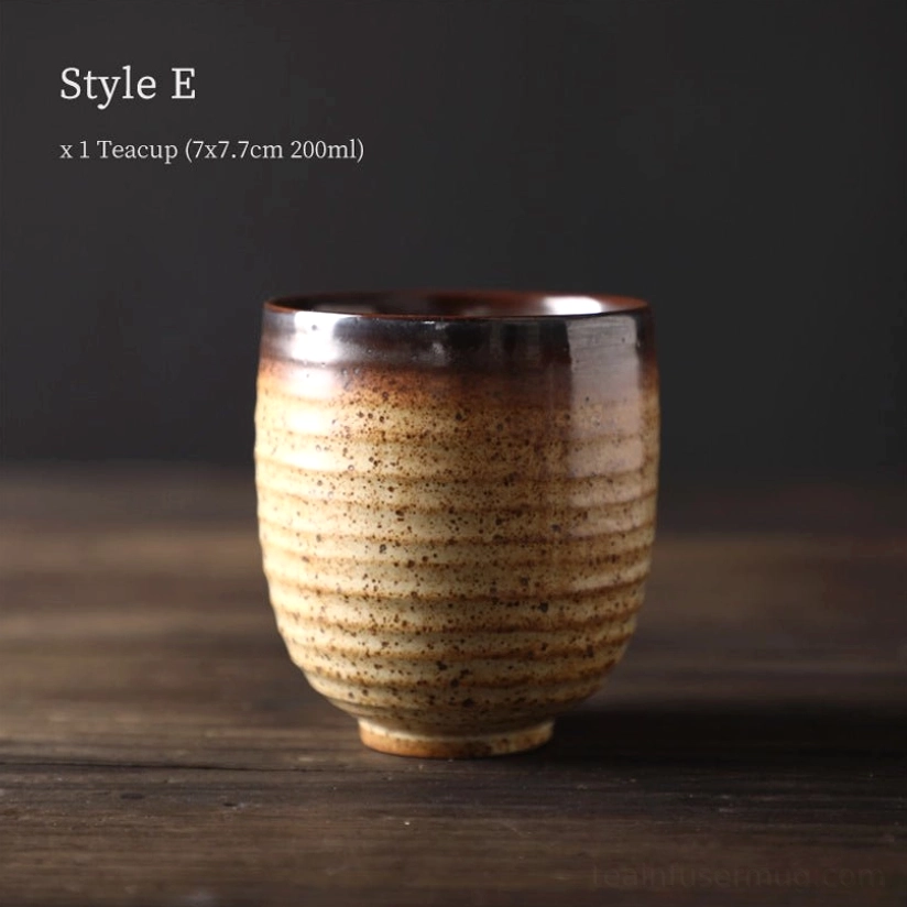 style E off-white speckled vintage Chinese clay tea cup side view