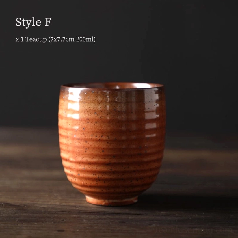 style F caramel brown vintage Chinese clay tea cup side view