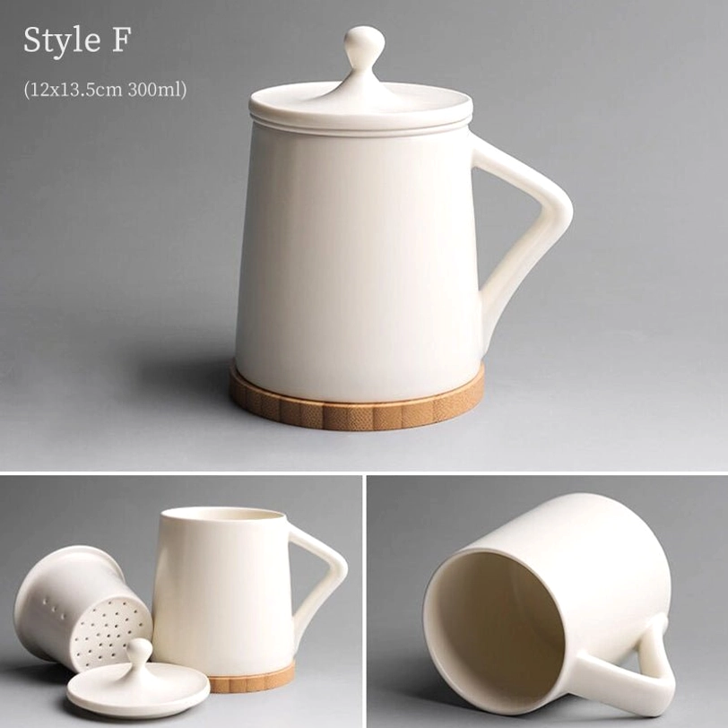 style f white ceramic tea infuser mug with straight ceramic handle and bamboo base