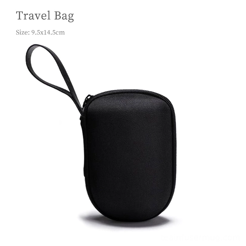 portable ceramic tea infuser mug packed inside zippered travel carry bag