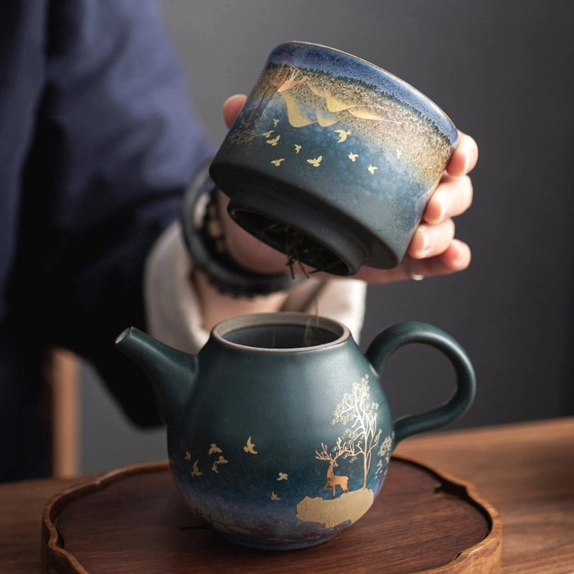 ceramic tea storage canister paired with matching chinese tea pot